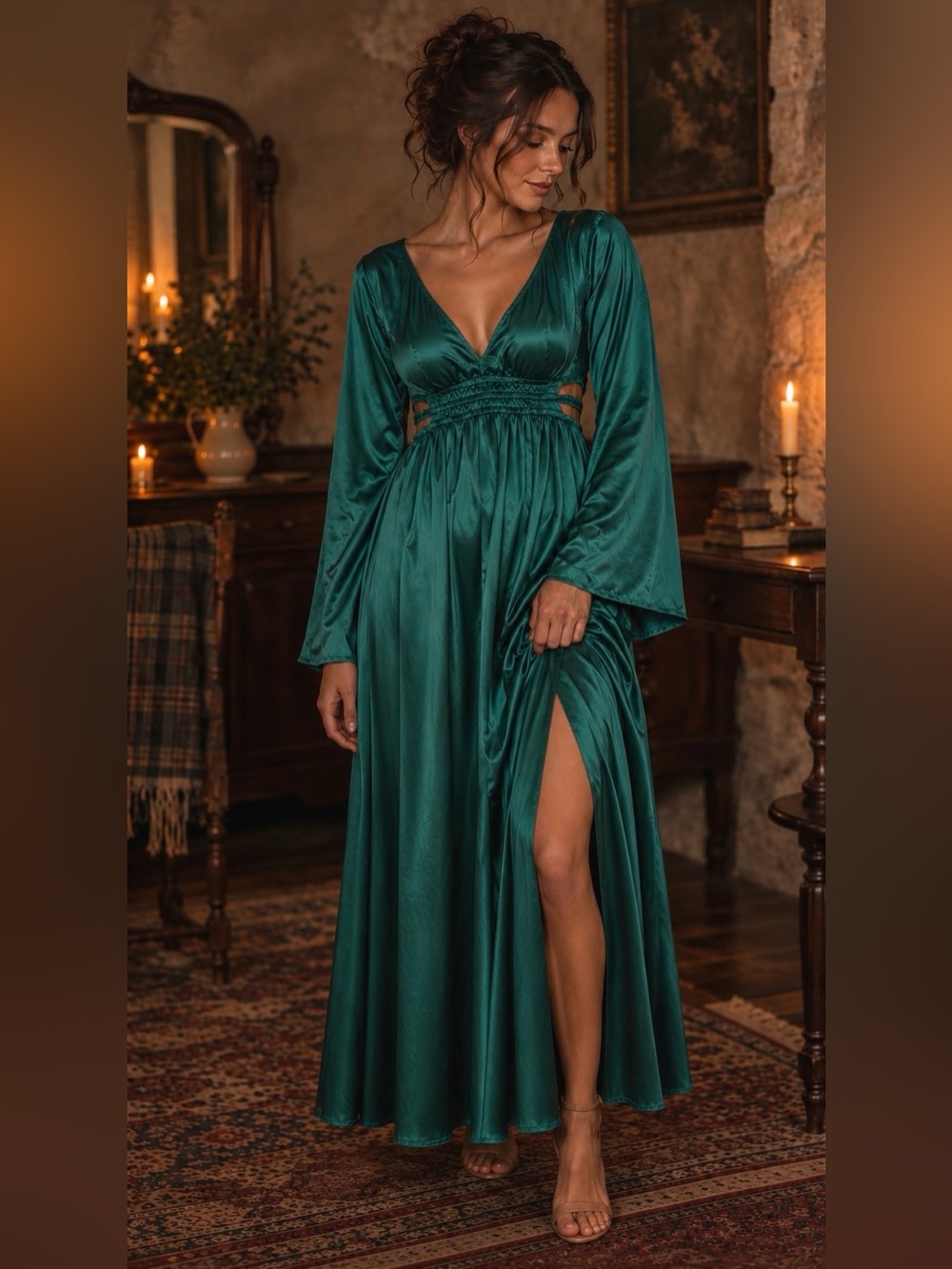 Justify Emerald Green Satin Maxi Dress with Smocked Waist and Thigh Slit